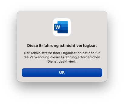 macOS Word Fehlermeldung: Diese Erfahung ist nicht verfügbar